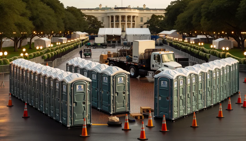 Festival porta potty bank with barricades in Lewiston, Maine